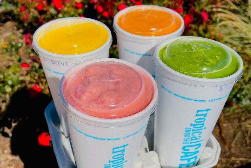 Four different smoothies from Tropical Smoothie Cafe In Bloomington, IN