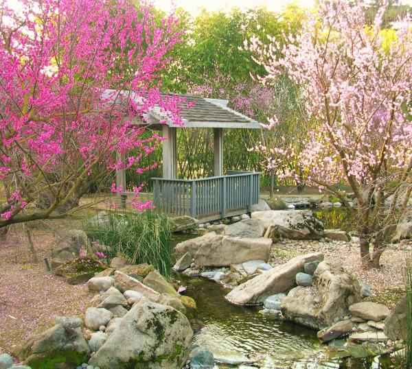 viewing shelter surrounded by lake, garden and colorful trees