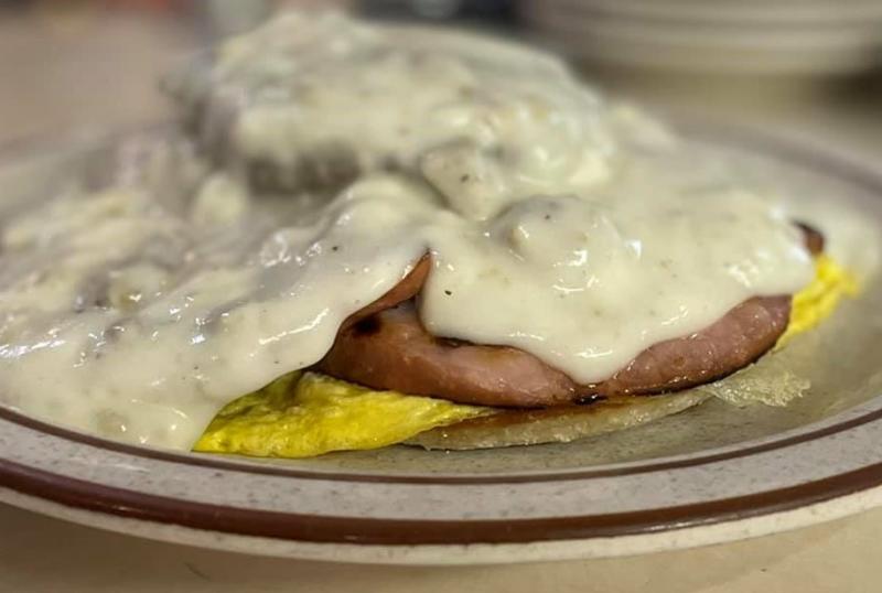 A gravy-smothered breakfast plate from The Golden Star Family Restaurant