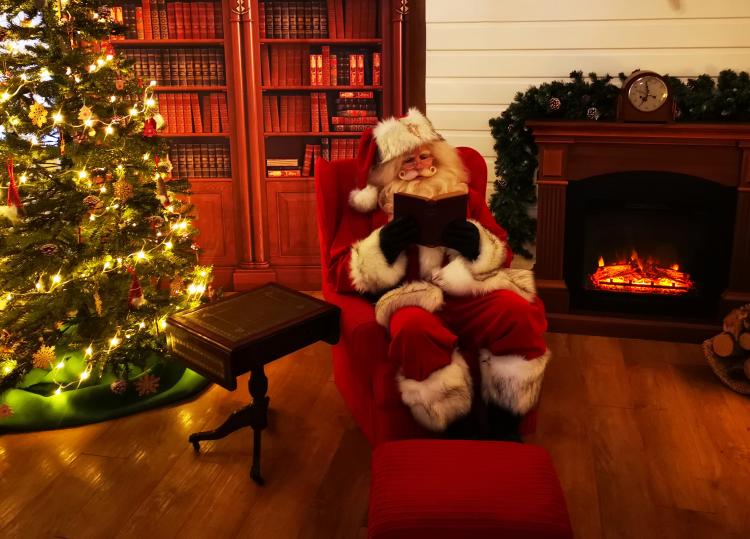 father christmas sitting in an armchair reading a book next to christmas tree