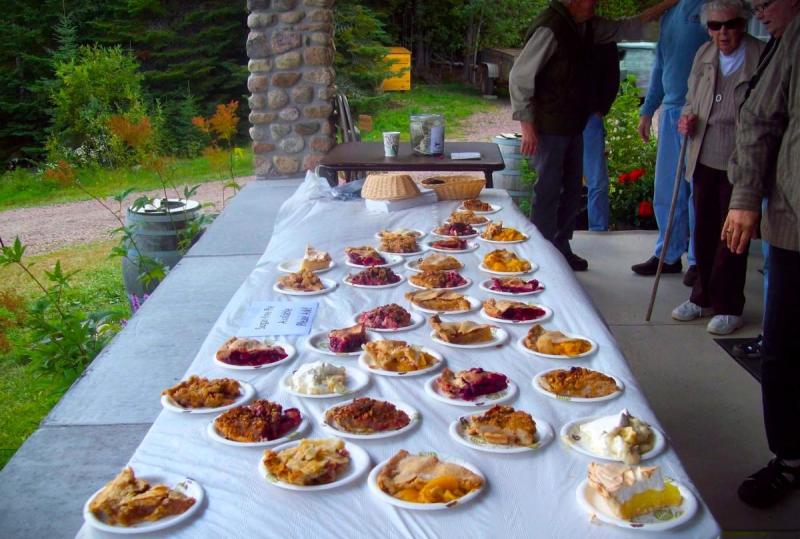 A table with different pies and ice cream dished out on it