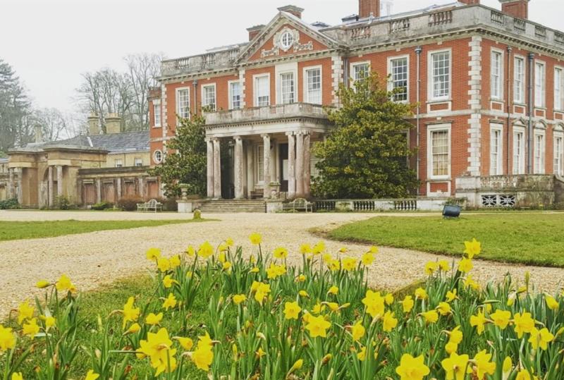 A view of a stately home with daffodils in foreground