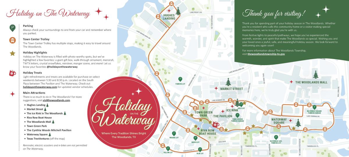 The 2025 map for Holiday on The Waterway. It features a Trolley route with ~25 stops around Town Center and Hughes Landing. There are also symbols indicating Parking (Orange, Yellow, Green, and Blue Lots as well as several parking garages), Holiday Highlights (along The Waterway), and Holiday Treats (between The Pavilion and Riva Row Boat House). Main Attractions include: Hughes Landing, Market Street, Ice Rink, Riva Row Boat House, The Woodlands Mall, Town Green Park, The Pavilion, Waterway Square, and Texas TreeVentures.