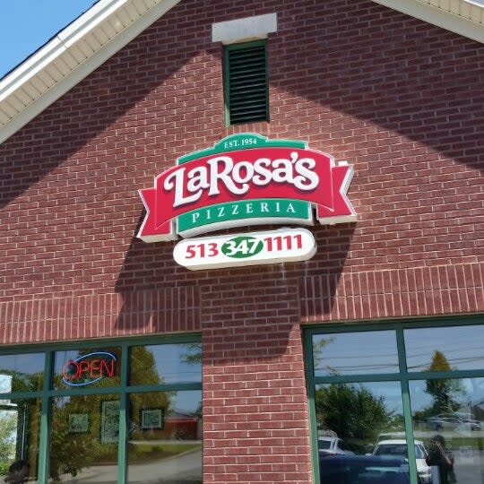 Image of a red, brick building with a red, green and white sign that say LaRosa's Pizzeria, 513-347-1111.