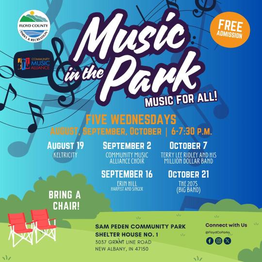 Wednesday, August 19 | 6 - 7:30 p.m.Keltricity — performing Celtic World musicWednesday, September 2 | 6 - 7:30 p.m.Community Music Alliance ChoirWednesday, September 16 | 6 - 7:30 p.m.Renowned harpist and singer Erin Hill — who has had a No. 1 album on the Billboard world chart and played/sung with/opened for Cyndi Lauper, Enya, Kanye West, Sinead O’Connor, Peabo Bryson, Levon Helm, Josh Groban, Jewel, and for celebrities, Presidents, First Ladies and royalty.Wednesday, October 7 | 6 - 7:30 p.m.Terry Lee Ridley and His Million Dollar Band — performing high-energy, honky-tonk rock ‘n’ roll, reviving the raw sounds and electrifying spirit of the 1950s.Wednesday, October 21 | 6 - 7:30 p.m.The 207s – big band music