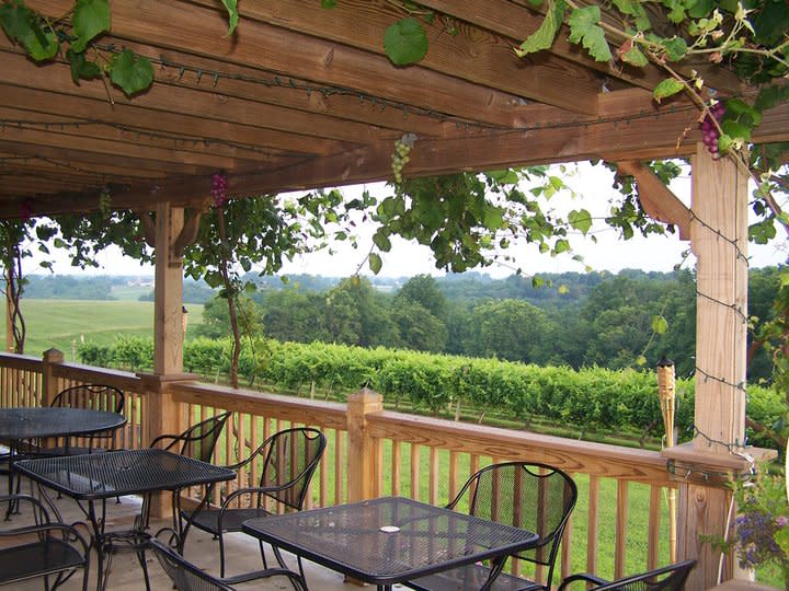 Porch at Atwood Hill winery with beautiful view of rolling green hills