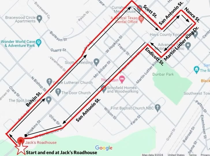 2025 San Marcos Mardi Gras Parade route goes across Belvin, down Scott Street, to San Antonio St, down Nance St to Martin Luther King Dr, up Endicot St, and then down San Antonio St to end at Jack's Roadhouse