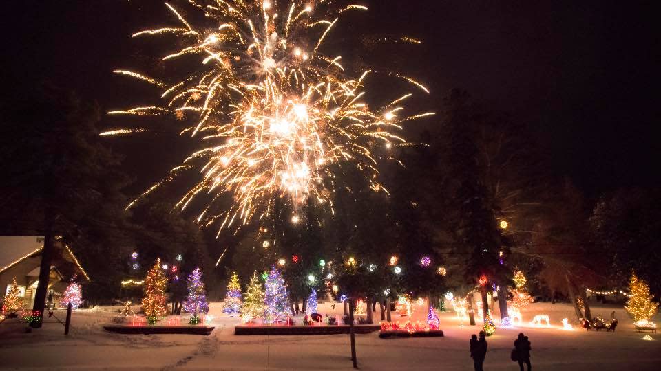 fireworks light the night sky over a park glowing with christmas trees wrapped in holiday lights