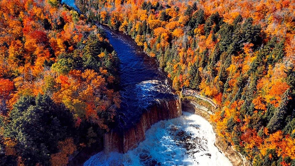 Aerial view of Upper Tahquamenon Falls on a fall day in Michigan's Upper Peninsula, USA