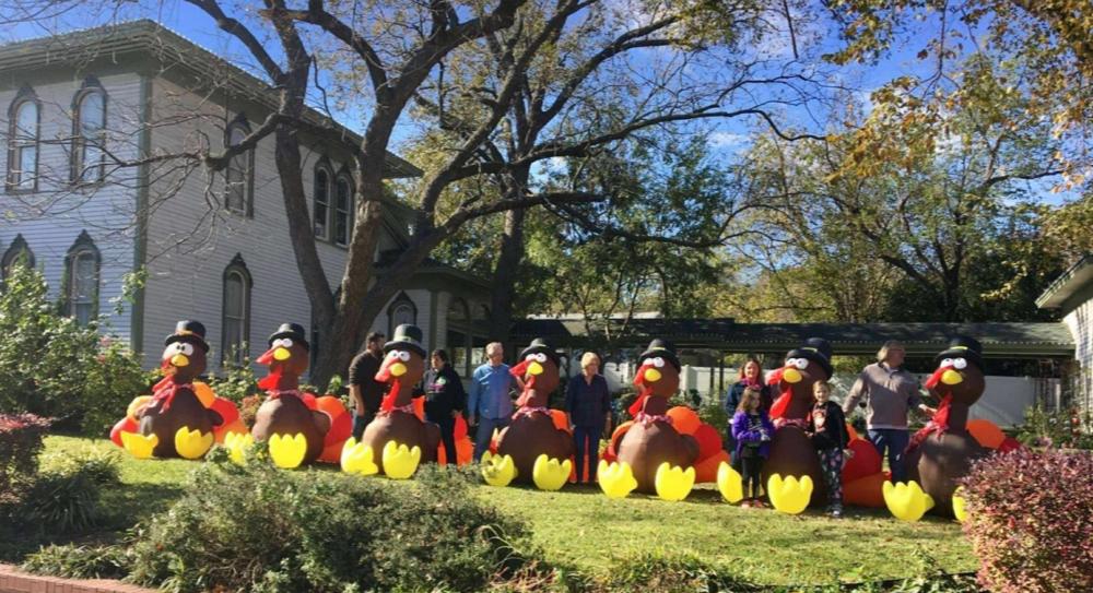 Seven inflatable turkeys in front of a historic home in Downtown McKinney