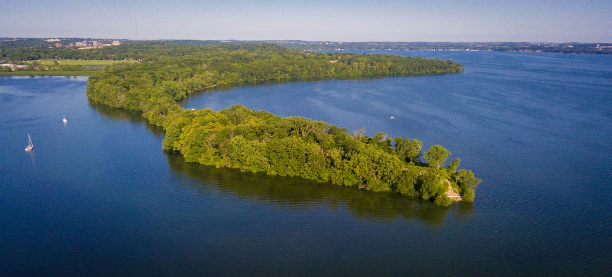 An aerial view of Picnic Point in Madison, WI