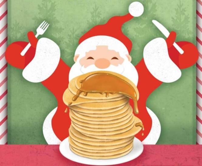 A cartoon image of Santa about to eat some pancakes