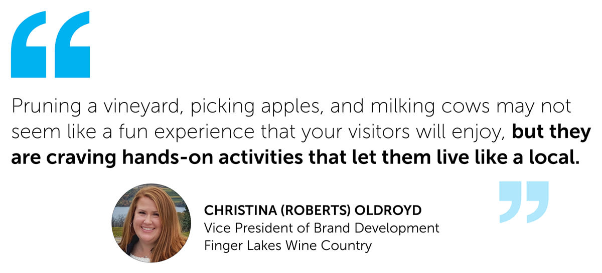 quote from Christina Roberts Oldroyd Pruning a vineyard, picking apples, and milking cows may not seem like a fun experience that your visitors will enjoy, but they are craving hands-on activities  that let them live like a local.