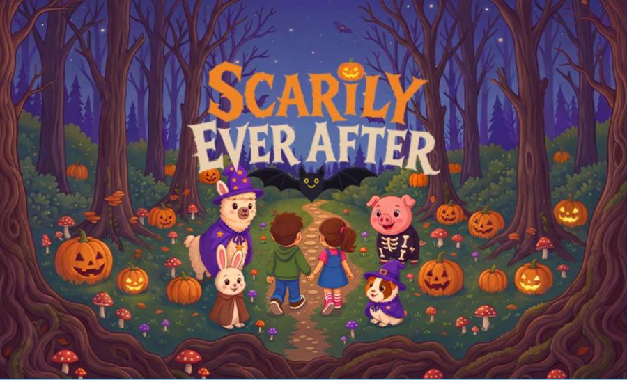 Illustrated woodland Halloween event at Fairytale Farm in the Cotswolds, featuring pumpkins and storybook characters beneath the title “Scarily Ever After.”