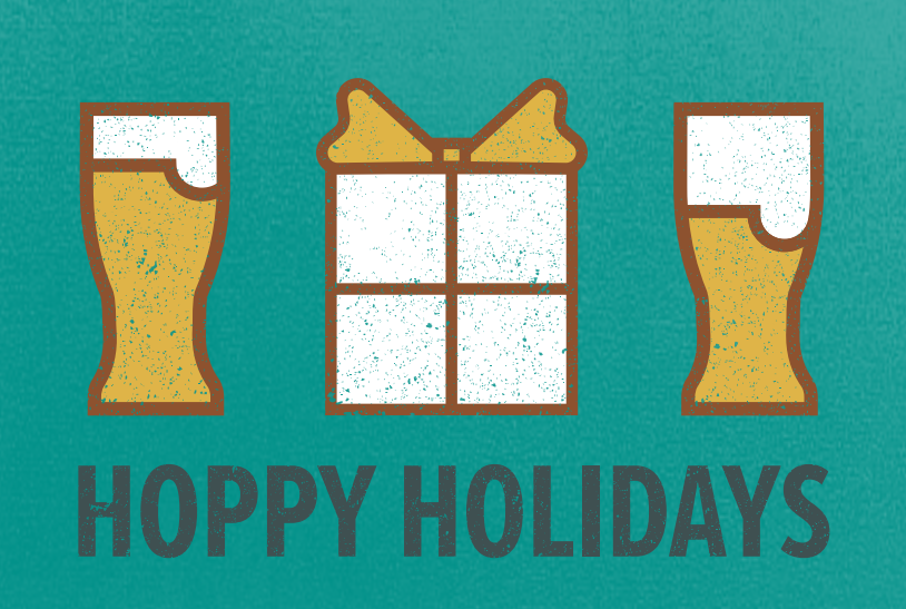 A downloadable holiday card that reads "Hoppy Holidays" on it with two beer pints and a gift on it