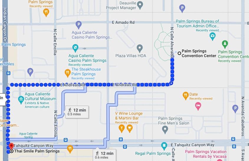 A screenshot of a digital map showing a walking route in Palm Springs with points of interest and establishments marked, taking approximately 12 minutes to cover 0.5 miles.