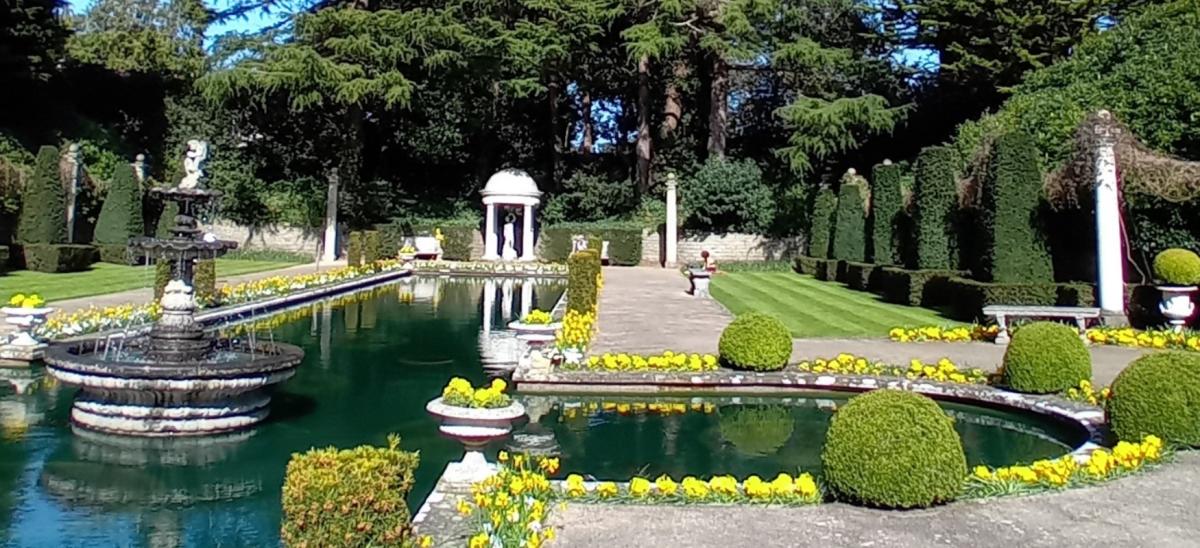 The ornamental ponds at Compton Acres in springtime