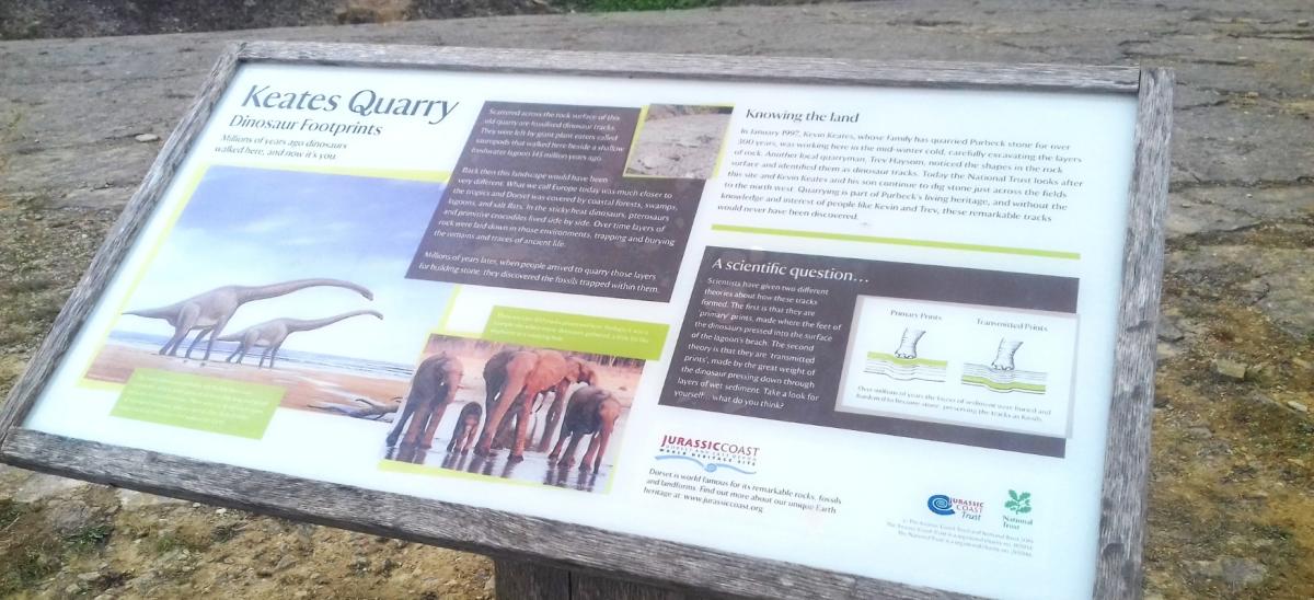 An information board about the Dinosaur Footprints located near the village of Worth Matravers in Dorset