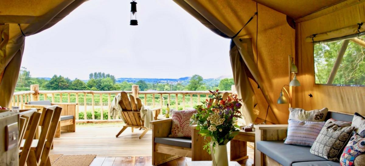 One of the glamping safari style tents at Loose Reins in Dorset