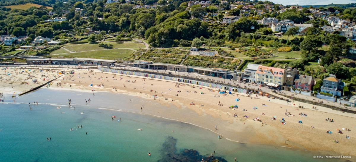 Aerial view of Lyme Regis beach and gardens in Dorset copyright Max Redwood