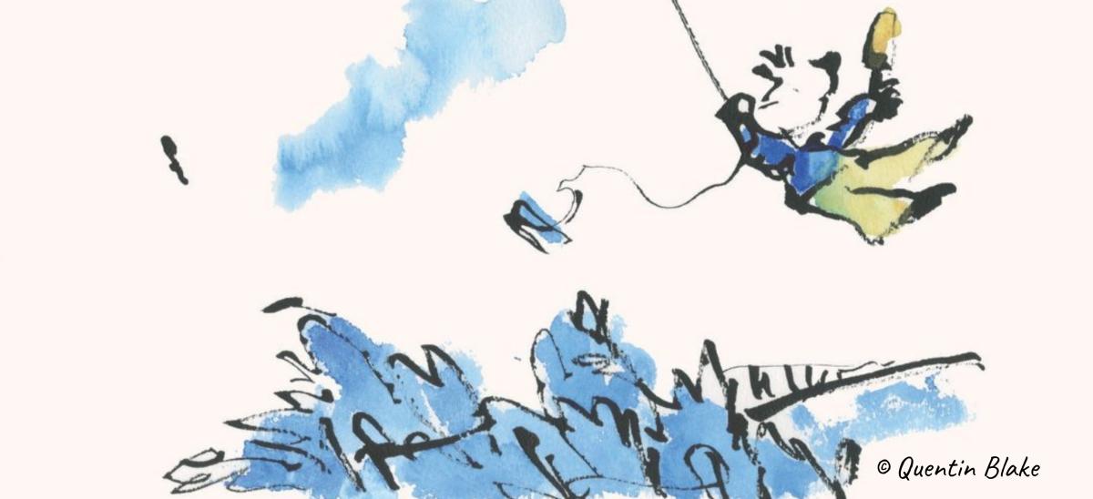 A drawing by Quentin Blake of a man being lifted into the air by a kite.