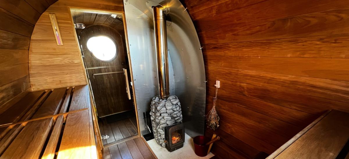 Inside of the Shoreline Sauna at Lyme Regis beach, Dorset