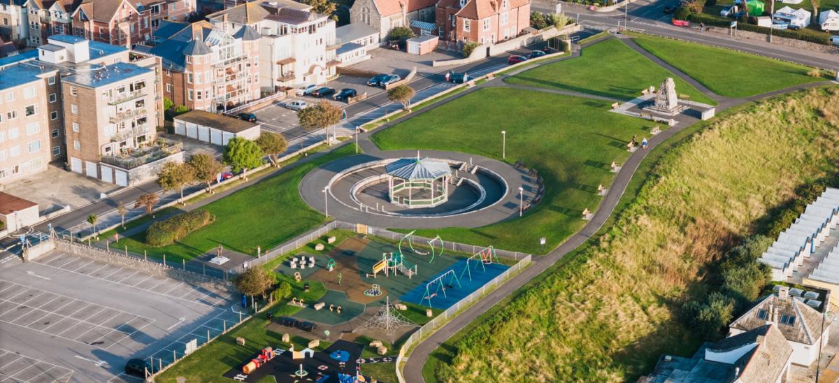 An aerial view of Swanage Recreation Ground and Bandstand in Dorset