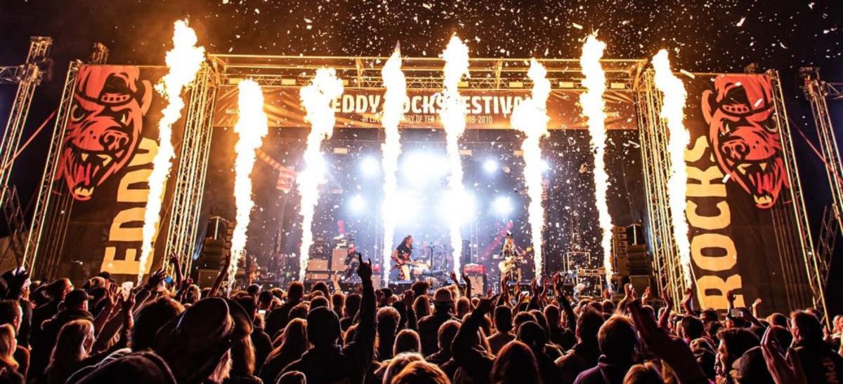 The stage with pyrotechnic display at Teddy Rocks Music Festival in Dorset