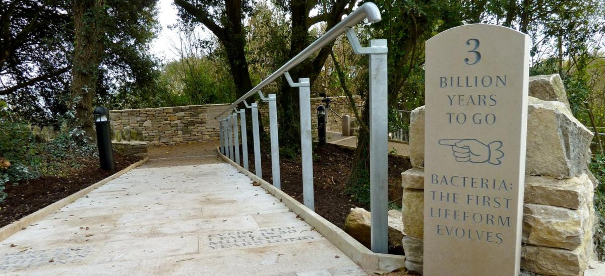 A series of sloped paths with handrails at Durlston Country Park, with signs explaining 4.6 billion years of the Earth's geological history