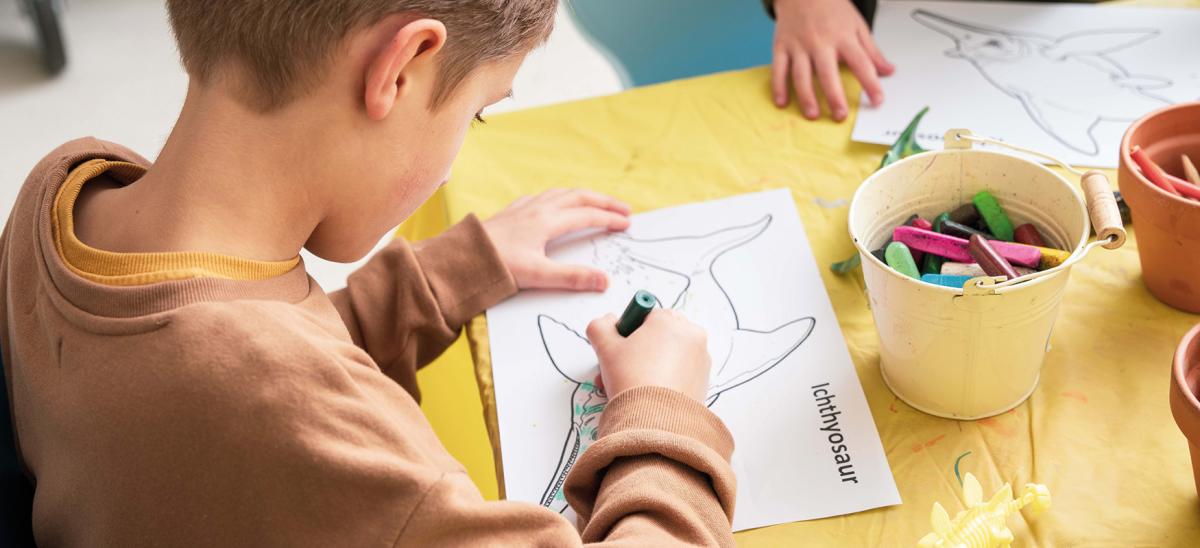 A young boy colouring a picture at Dorset Museum & Art Gallery in Dorchester