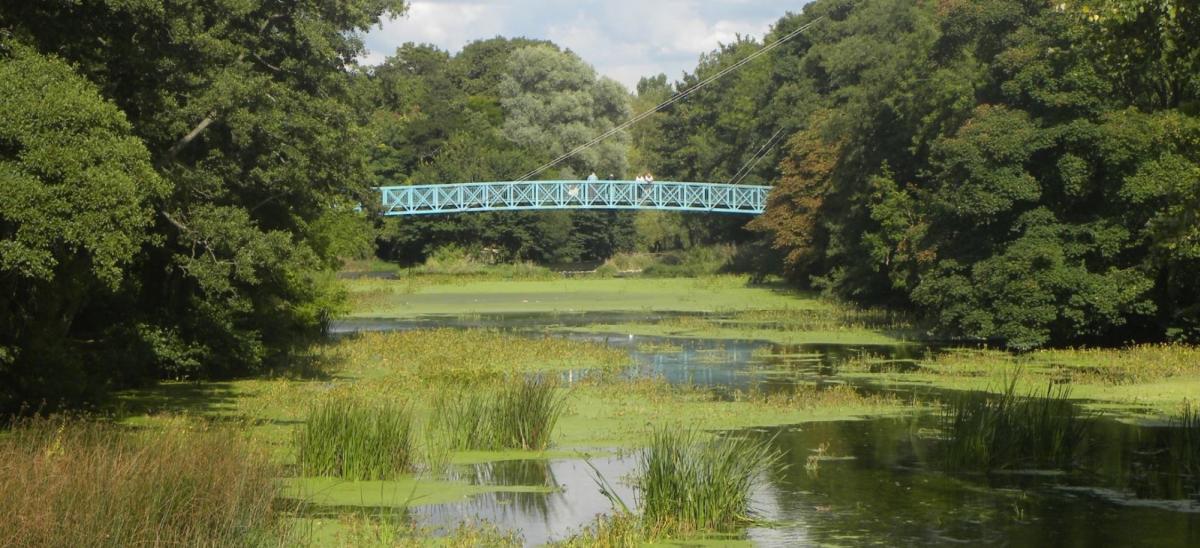 View looking down the River Stour and Mortain Bridge over the river.