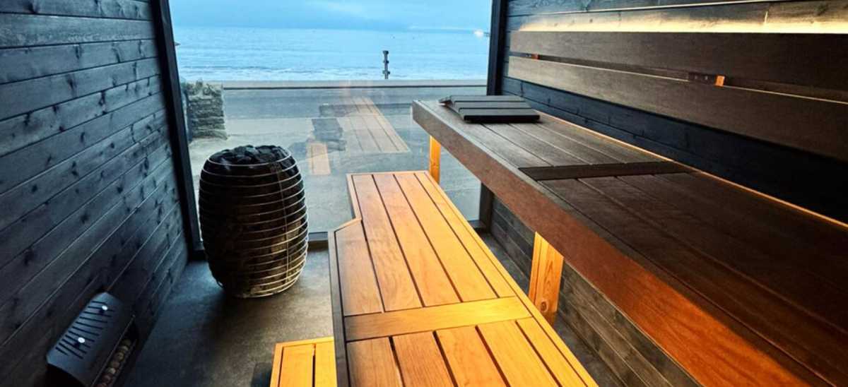 Inside Swanage Bay Sauna looking towards Swanage Beach.