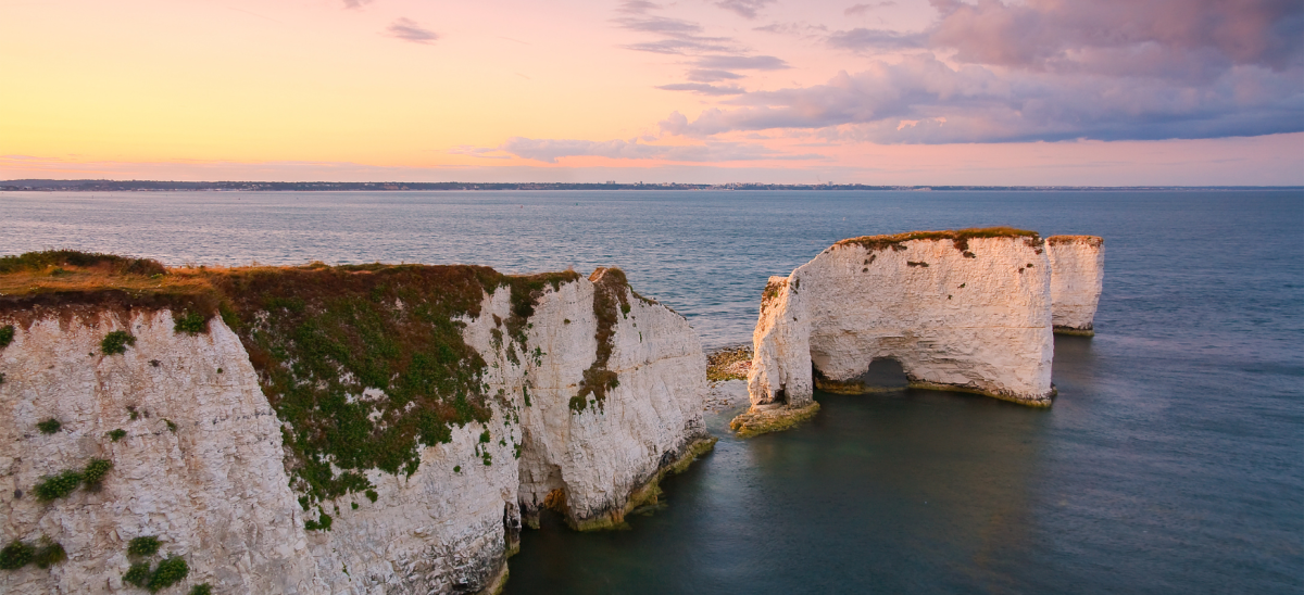 Sunrise at Old Harry Rocks with beautiful pastel sky