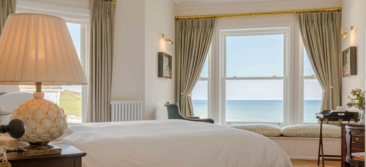 Double bedroom with seaviews at the Seaside Boarding House, Burton Bradstock in Dorset