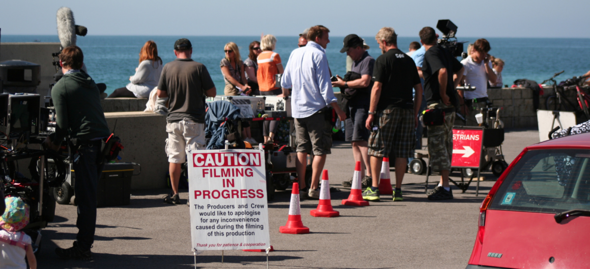 Film production crew at West Bay, Dorset