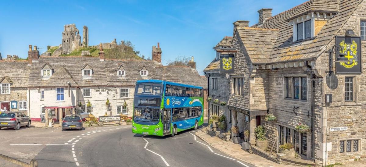 Purbeck Breezer bus at Corfe Castle, Dorset