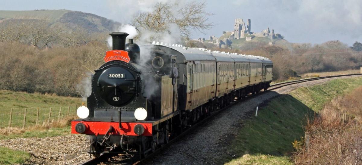 Swanage Railway steam train near Corfe Castle in Dorset