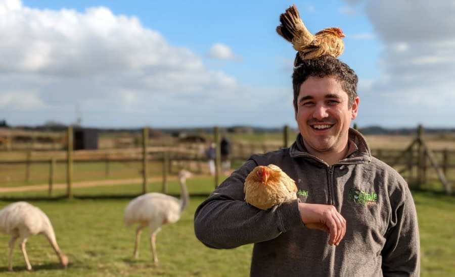 Liam with chickens