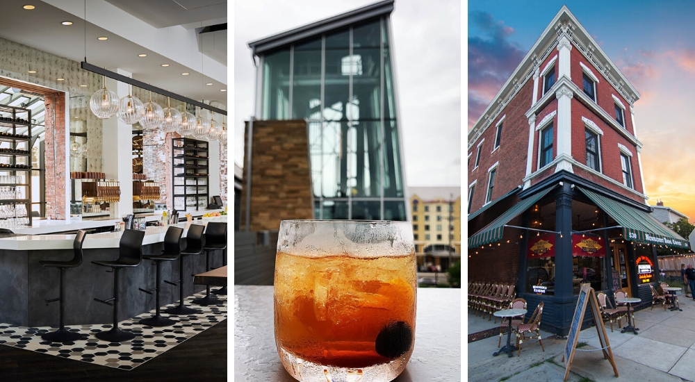 Three photos, one of the bar at the Hotel Covington, one outside at New Riff Distilling with a cocktail in the foreground and the one on the right of the exterior of Prohibition Bourbon Bar in Newport, Ky.