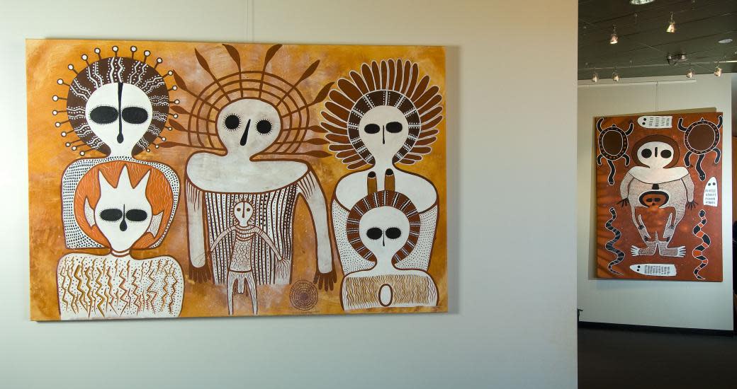 Wandjina artworks by Donny Woolagoodja (left) and Pudja Barunga at the Mowanjum Centre in Derby