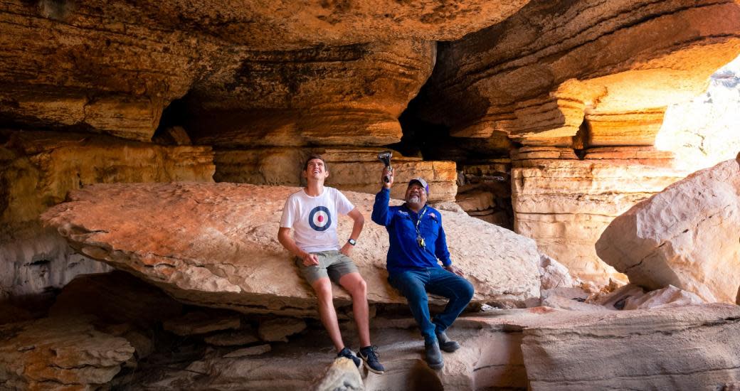 Girloorloo Tours at Mimbi Caves, 100km east of Fitzroy Crossing in the Kimberley. Ronnie and James on tour