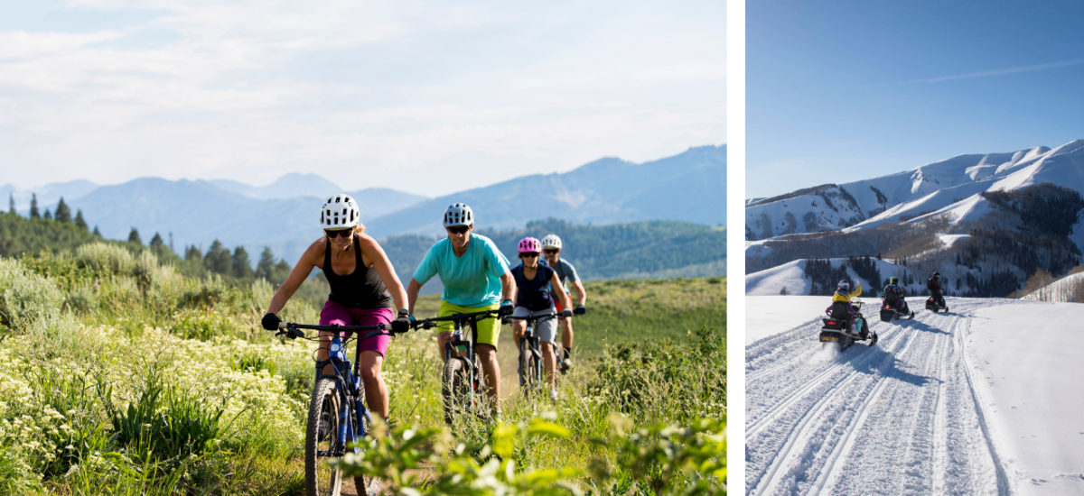 Three mountain bikes riding through a field. Three people snowmobiling on a snowy mountain