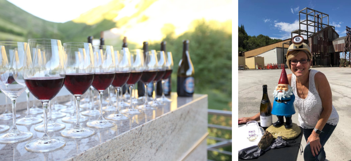 Wine tasting glasses and owner Kirsten Fox on the Wines and Mines tour