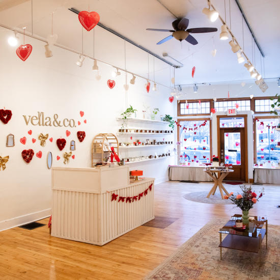 The inside of Vella & Co. decorated for Valentine's Day