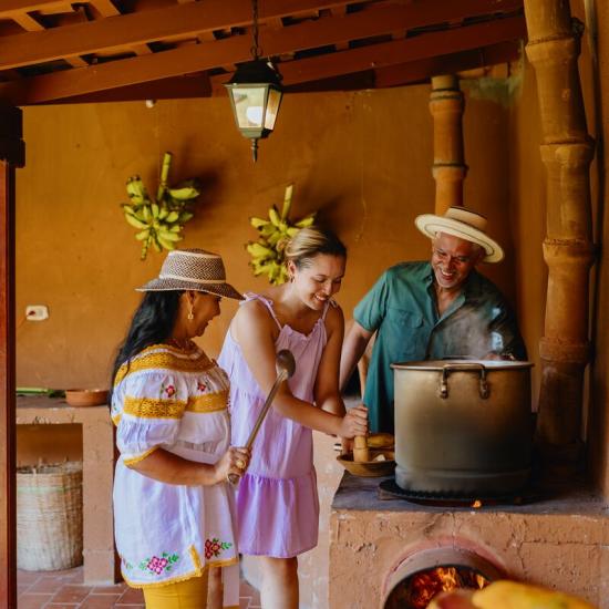 People enjoying typical food in the country side