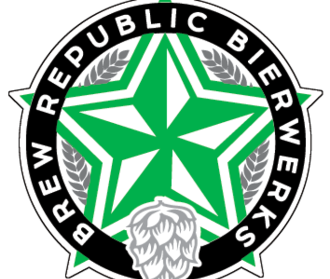 A green and white star with gray hops and wheat grains surrounded by the words "Brew Republic Bierwerks"