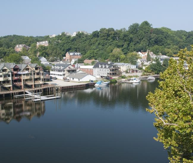Occoquan waterfront aerial view from across the water