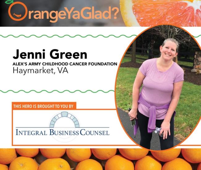 Story of local hero Jenni Green who assisted with Alex's Army - Childhood Cancer Foundation.  Image of Amy, and oranges at bottom of screen.