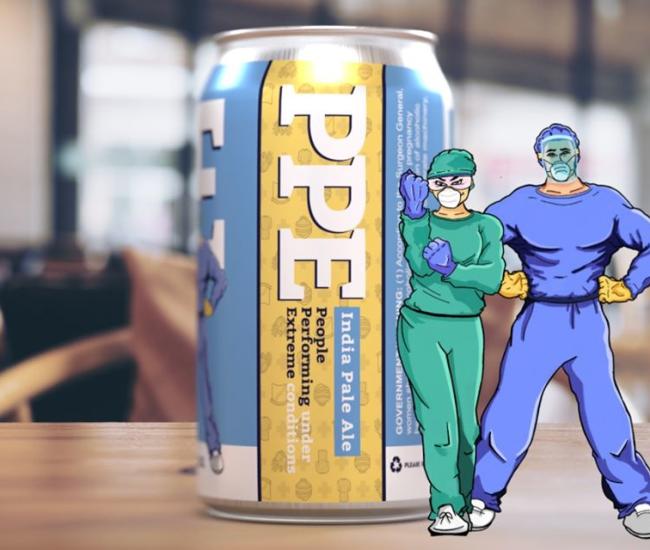 1 can of PPE beer on counter with graphic of health care professionals