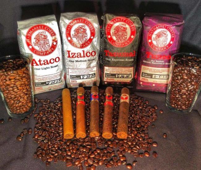 4 bags of coffee 2 cups of coffee beans, and  5 cigars